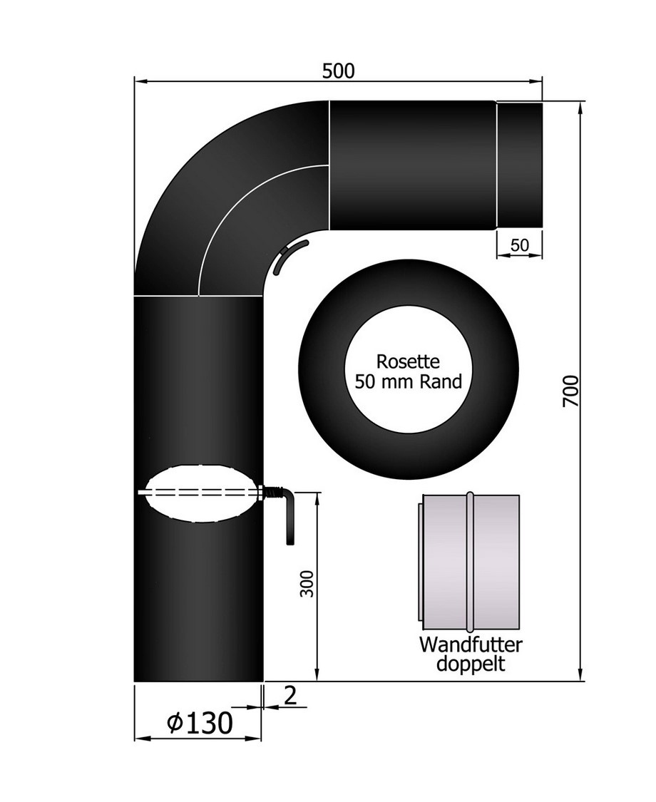 Rauchrohr Set schwarz DN130 Fullform 90° 700 x 500 mm Rauchrohr Set schwarz DN130 Fullform 90° 700 x 500 mm