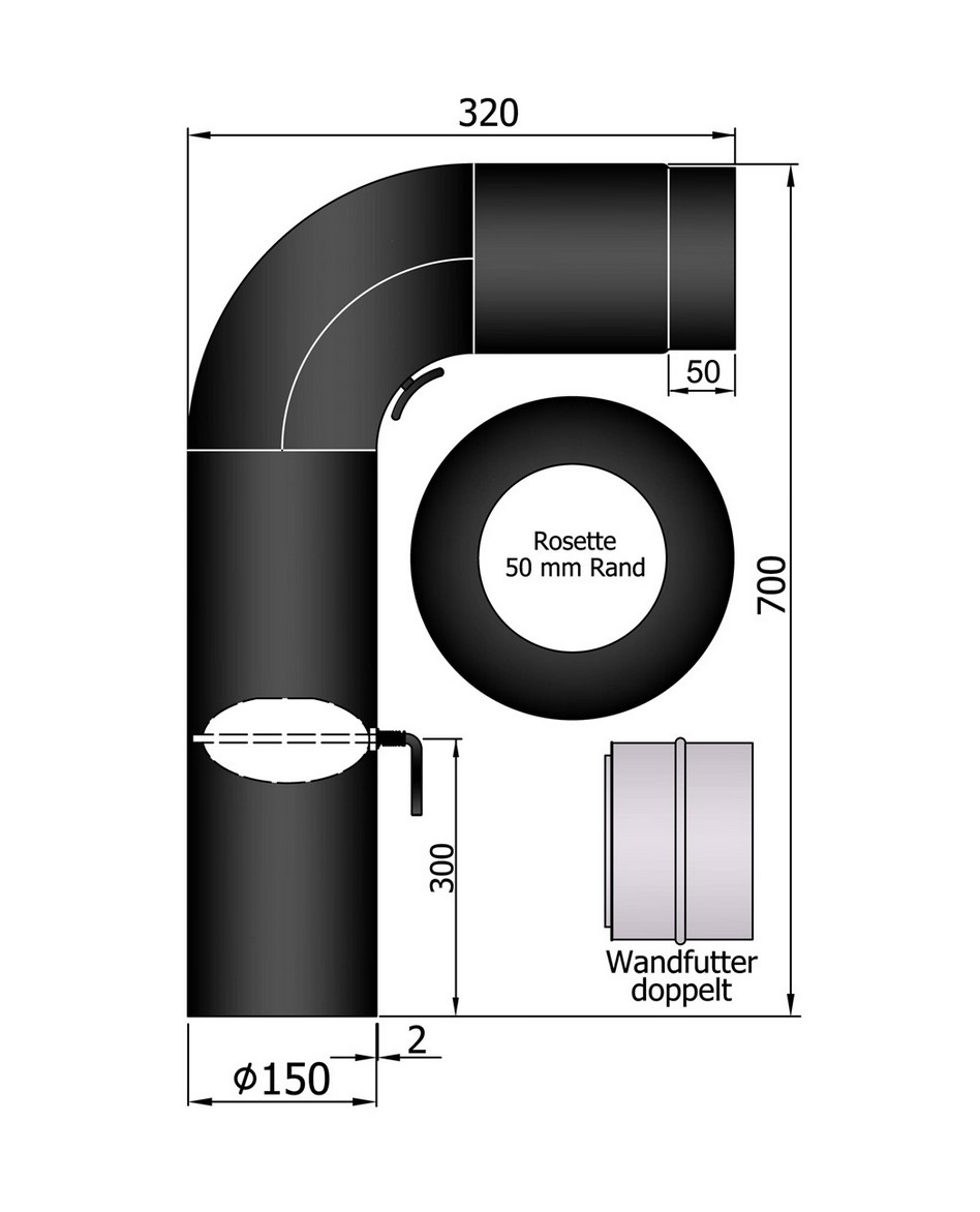 Rauchrohr Set schwarz DN150 Fullform 90° 700 x 320 mm Rauchrohr Set schwarz DN150 Fullform 90° 700 x 320 mm