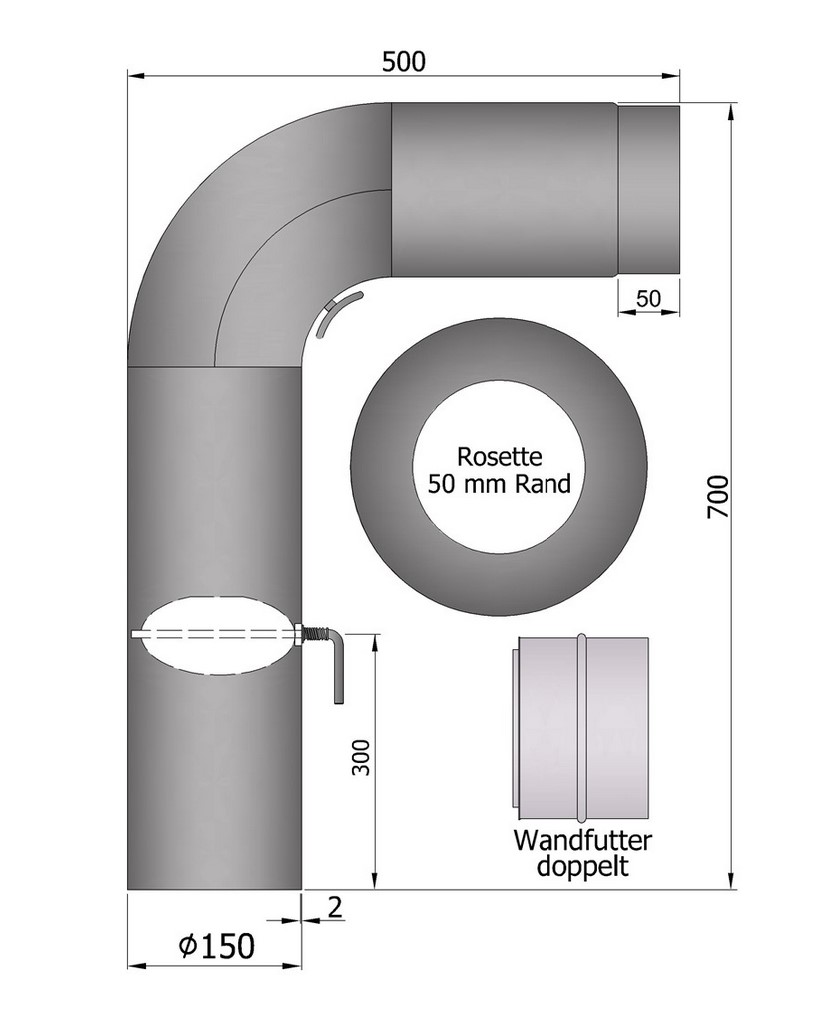 Rauchrohr Set gussgrau DN150 Fullform 90° 700 x 500 mm Rauchrohr Set gussgrau DN150 Fullform 90° 700 x 500 mm