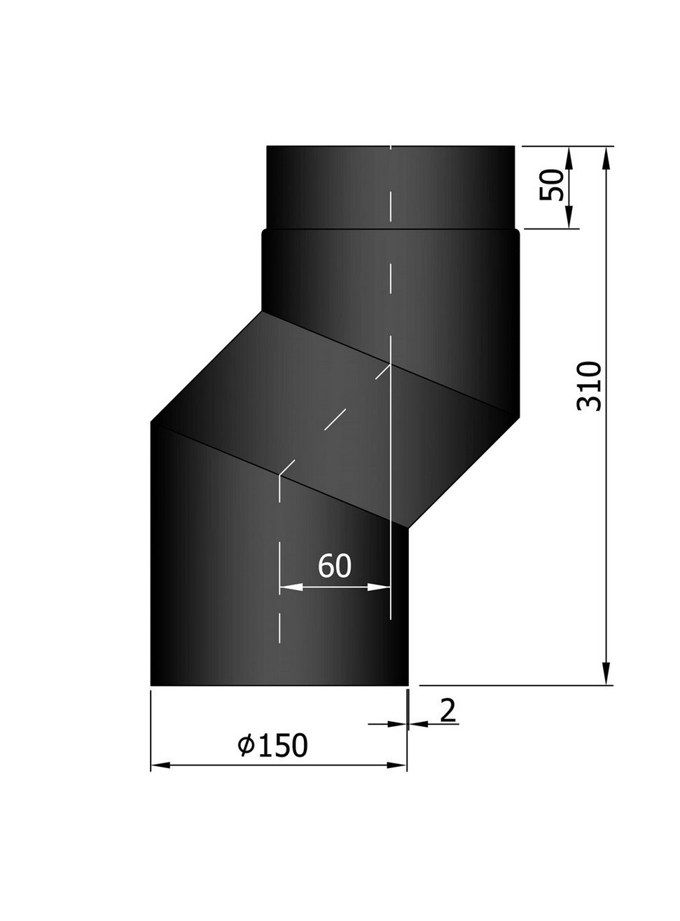 Rauchrohr S-Bogen 60 mm Versatz schwarz DN150 Rauchrohr S-Bogen 60 mm Versatz schwarz DN150