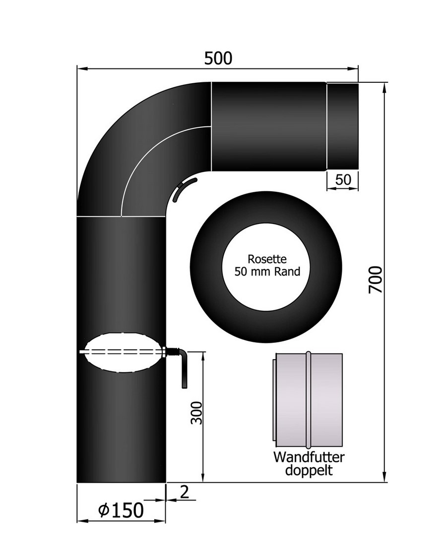 Rauchrohr Set schwarz DN150 Fullform 90° 700 x 500 mm Rauchrohr Set schwarz DN150 Fullform 90° 700 x 500 mm