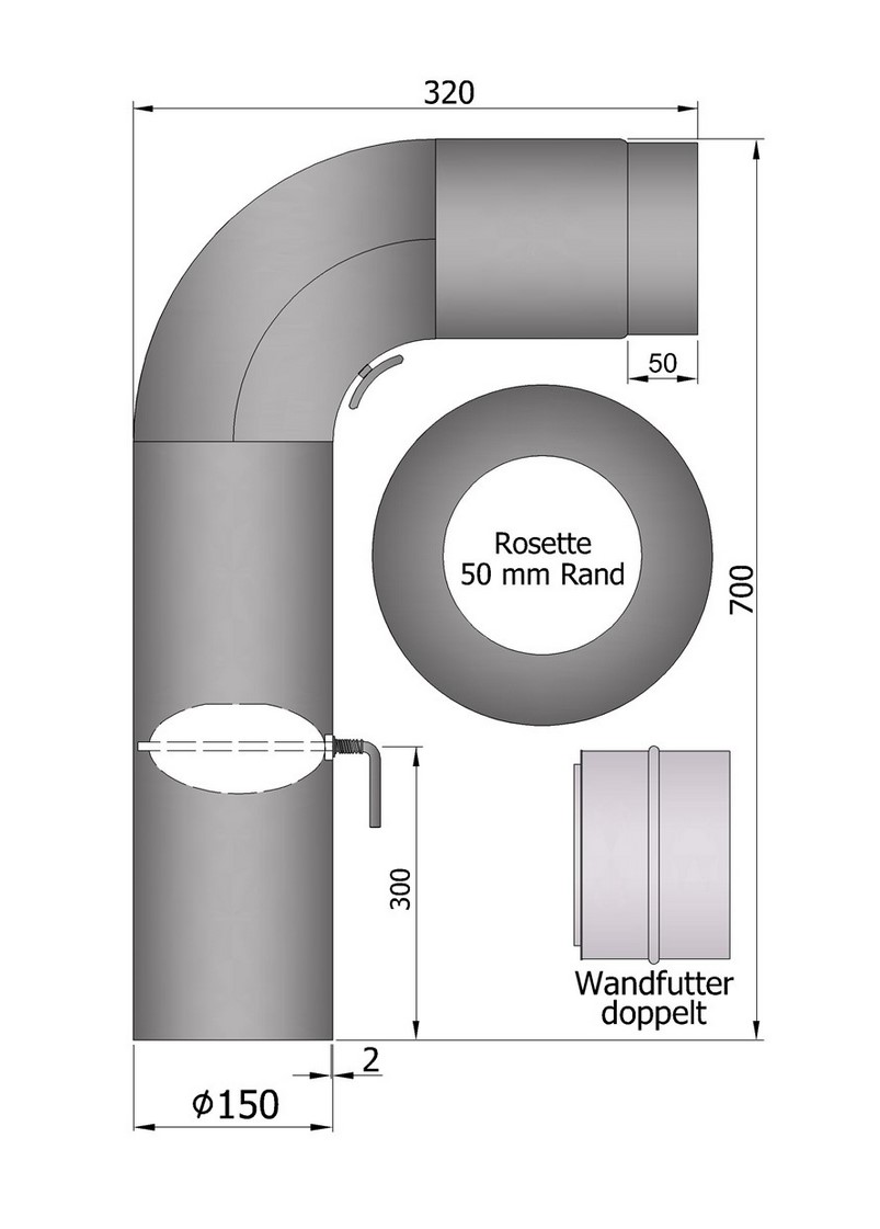 Rauchrohr Set gussgrau DN150 Fullform 90° 700 x 320 mm Rauchrohr Set gussgrau DN150 Fullform 90° 700 x 320 mm